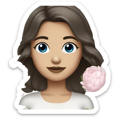 a white girl with shoulder length dark brown hair, blue eyes, small rosy lips holding a bouquet of white peonies sticker