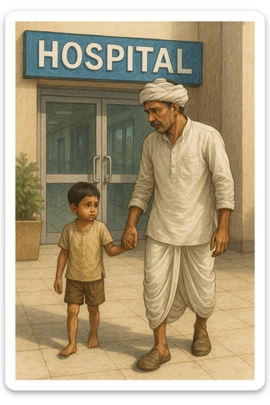 An Indian farmer wearing a dhoti, holding the hand of his 4-year-old child, walking into a hospital for a checkup due to nutrient deficiency, caring expression, hospital entrance visible, detailed illustration sticker