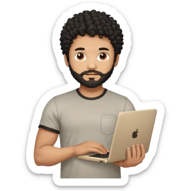 men holding his computer in hands. light brown skin men with curly black hair, dark brown eyes, little grown beard. ust a tiny bit muscular. dressed casual. round face. Dont Apple book  sticker