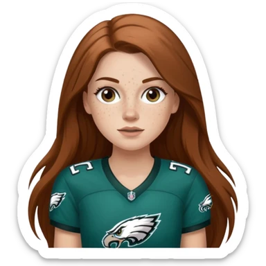 White girl with long  brown hair and freckles wearring a Philadelphia eagles jersey sticker