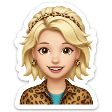 Une fille blonde et joyeuse. Elle porte une coiffure rock et originale avec des barrettes léopard et motif peau de vache. sticker