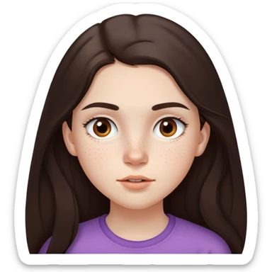 A 12-year-old girl with very long dark brown hair, light brown eyes, thick eyebrows, slightly big lips, with only two freckles - just one small freckle on her cheek and one small freckle under her eye sticker