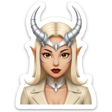 visually stunning image of an extremely detailed devil woman in a skin tight suit of light colored leather and intricate silver devil horns sticker