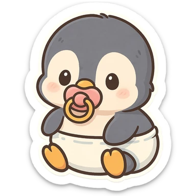 baby penguin in a diaper, holding a pacifier in its beak, adorable and soft look sticker