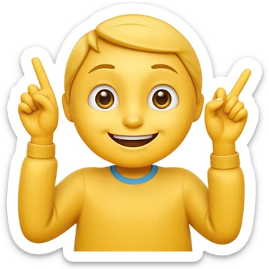 A 2D cartoon-style yellow emoji with a mischievous smile, shaped eyes, and both hands pointing upward with index fingers.  clean digital style, and a fun, dancing expression. Style similar to children’s drawing tutorials, dancing expression. No background, isolated on white.  sticker