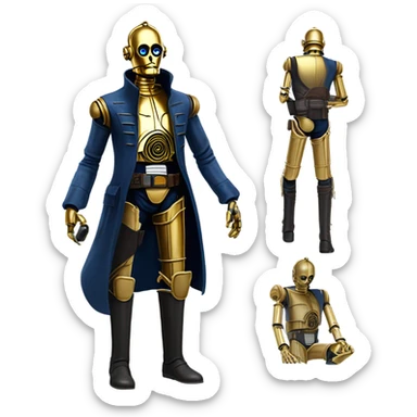 bounty hunter tarnished undercover tough well-equipped Jedi  life-sized darkblue-pearl C3po leather vest clothing pants and vest old west duster coat holding light saber sheriff sticker