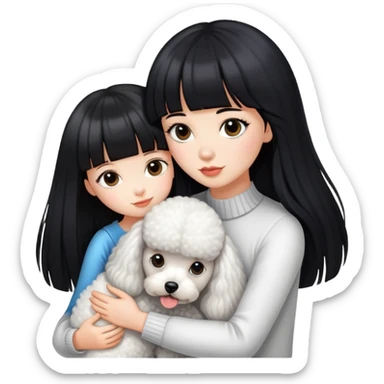 A beautiful girl with long straight black hair and bangs hugs a poodle tightly sticker