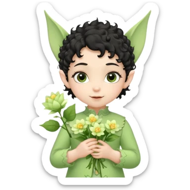 Tiny elf baby black curly hair with pointy ears\, pastel green outfit, hold flowers sticker