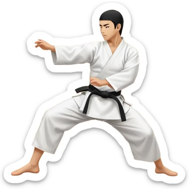 An icon showcasing a martial artist in a dynamic aikido move, performing a graceful throw or joint lock. The background includes a traditional dojo with wooden floors and simple decor. The artist wears a white gi with a black hakama, emphasizing the fluidity and precision of aikido. T sticker