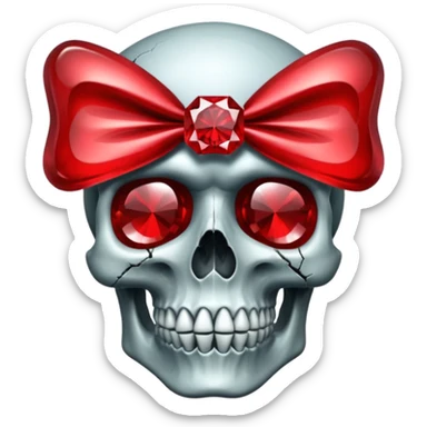 make me a red crystal skull partly see thew super gem like make it realistic and held together by a big black bow super realistic skull cracking all over the eyes are black gems with a hint of gold in the center sticker