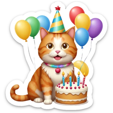 Ginger cat celebrates birthday, birthday hat, birthday cake, balloons, happy sticker