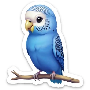 Cinematic Cute Blue Budgie Portrait Emoji, Head tilted playfully and inquisitively, featuring a brilliant blue feathered fur with a natural sheen, round, sparkling dark eyes filled with curiosity, Simplified yet irresistibly adorable features, highly detailed, glowing with a warm, friendly glow, high shine, affectionate and lively, stylized with a touch of whimsy, bright and endearing, soft glowing outline, capturing the essence of a mischievous yet loving budgie, so playful it feels like it could chirp out of the screen and into your arms! sticker