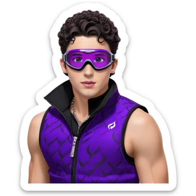 close-up of bad guy male athlete with white skin and moderately curly dark brown hair on top with shaved sides, wearing ski goggles with purple frames and very dark black lenses, a simple plain black chain necklace, and a completely unzipped sleeveless vest with purple and black sequin fire pattern design with no logo, with an extremely arrogant expression sticking his tongue out mockingly, looking menacing and villainous sticker
