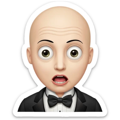 a bald cabaret actor with a white, dry, long, made-up face and heavily made-up eyes and mouth, a huge, wide-open mouth and a startled look sticker