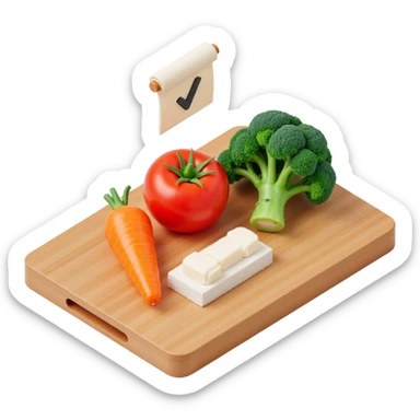 carrot tomato brocoli on the wooden cutting board with floating rolled paper list with checkbox sticker