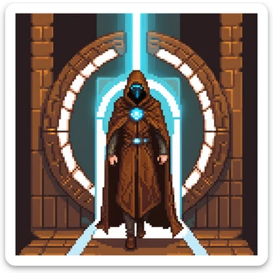 A mysterious man with a brown cloak and futuristic high-tech mask stepping out of a glowing portal sticker