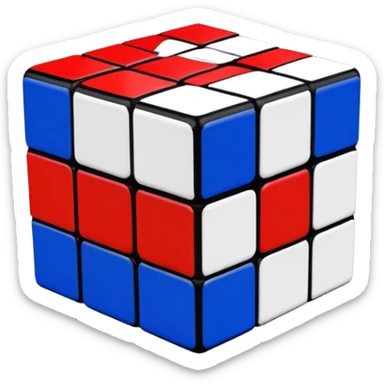 A scrambled 3x3 Rubik's Cube with only red, white, and blue colors, minimalist iOS emoji style, viewed from an angle sticker