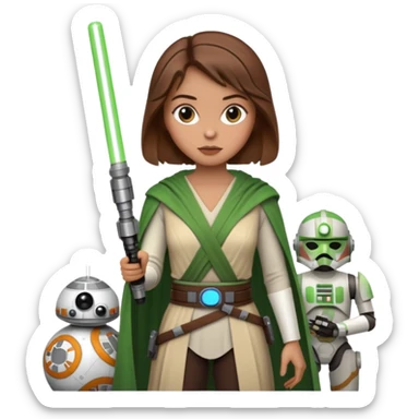 Ios 18 starwars theme ( jedi, robots etc..) brown hair lady with lightaber green or red sticker