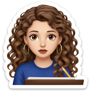 cute girl with not volominous VERY LONG curly/wavy brunette hair with balayage, brown eyes, full lips, natural clean girl makeup and hoop earrings white girl: super desperate studying sticker