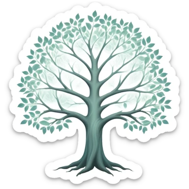 Mystical white tree with soft glowing portrait frames as leaves, ethereal genealogy connecting generations sticker