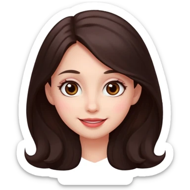 An featuring a woman with dark brown long hair, brown big eyes, light pinkish skin, red cheeks, sweet sticker