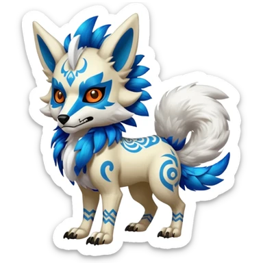Furry cute colorful exotic tribal feral anime-styled Fakémon-Pokémon-animal-creature with a white wolf-skull-head-mask-face, and blue feathers around neck, with long furry ears, long furry tail, 4 legs, (full body), with intricate pattern-markings sticker