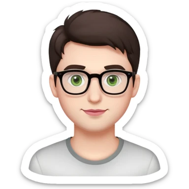 Young man with short but voluminous poofy dark brown hair, green eyes wearing glasses, wide face with eyes set apart, bigger ears, very pale skin, slightly bigger nose, fuller darker pink lips with a smile, and very light stubble sticker