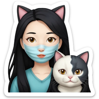 Asian girl with pooo hair and with whole facial mask pack with one cat sticker