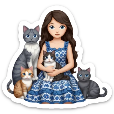 detailed realistic looking a dark grey and white cat regally sitting with six other cats, cuddling with their owner who is a pretty bratz lightly tanned white girl with long dark brown hair, blue eyes and gorgeous long wavy hair wearing a pretty detailed dress sticker