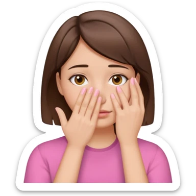 Woman with short brown hair and a pink shirt with hand covering up face  sticker