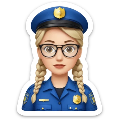 white woman, braided hair, wear police's uniform and glasses sticker
