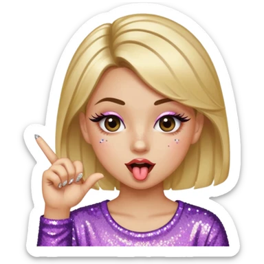 A girl in a all glitter shirt with big lashes on her eyes puts her thumb and pointer finger half way together with her tongue out  sticker