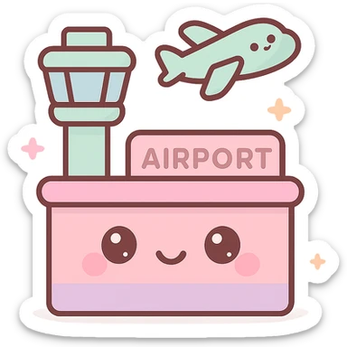 airport building, kawaii chibi anime style, flat pastel colors, thick outlines, simple cute features sticker