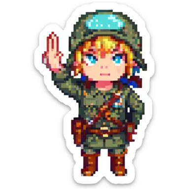 Link performing a military salute with right hand on forehead, serious expression, no text, pixel art style, transparent background. sticker