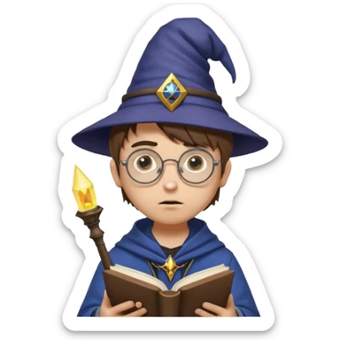 ["A sad boy with light skin, straight hair, wearing a wizard hat and round glasses, dressed in punk fashion, is reading a book while holding a phone."] sticker