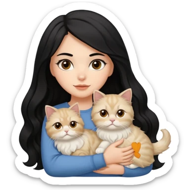 A white girl with brown eyes and black hair long downward wave is holding her blonde persian cat sticker