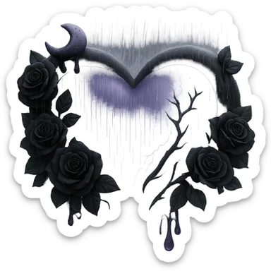 Add much more rain and thick mist to the scene, keeping the prominent black roses, gothic heart, translucent purple glass, crescent moon with black drips, faint lightning bolts, cracked glass with glowing mist. The style should resemble 3D emoji style. Remove the background. sticker