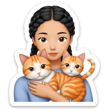 Young Asian woman with braided black hair cuddling a white and orange tabby cat, gentle embrace, affectionate pose sticker