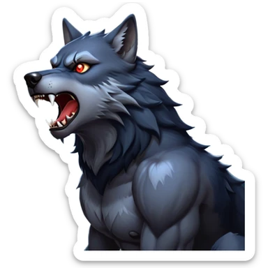 cinematic-noble-fierce-werewolf-howling-portrait-emoji, poised-and-imposing, with a fierce wolfish face tilted upwards in a haunting howl, glowing eyes full of primal ferocity, sharp, and a rugged snout, fur rippling in shades of midnight black and silver, muscles tensed as the powerful howl echoes beneath the moonlit sky; rendered with realism, capturing the raw, untamed power of the beast in its wild, primal state sticker