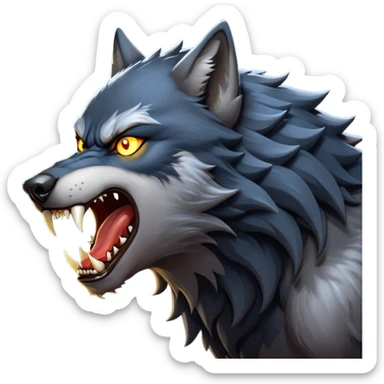 cinematic-noble-fierce-werewolf-howling-portrait-emoji, poised-and-imposing, with a fierce wolfish face tilted upwards in a haunting howl, glowing eyes full of primal ferocity, sharp, elongated fangs bared, and a rugged snout, fur rippling in shades of midnight black and silver, muscles tensed as the powerful howl echoes beneath the moonlit sky; rendered with realism, capturing the raw, untamed power of the beast in its wild, primal state sticker