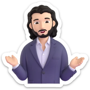 Professional portrait of a business strategist with black wavy hair, stubble, chiseled face, wearing blazer and button-up shirt, confident engaging expression, speaking pose, suitable for keynote speaker profile sticker