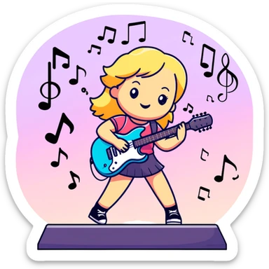 cute blonde girl playing guitar on a stage, music notes floating, colorful lights sticker