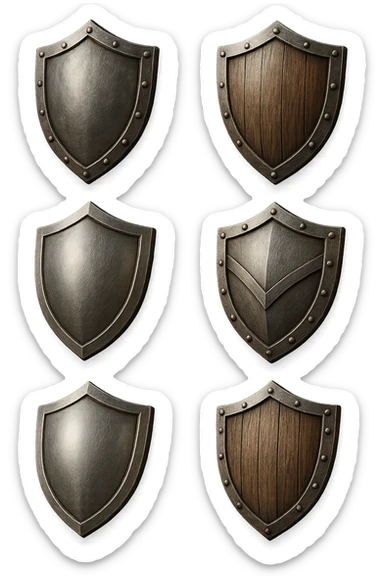 6 scudi 3d che simboleggiano "difesa e protezione", realistici in 3d fluttuano in aria, iperrealistico 4k sticker
