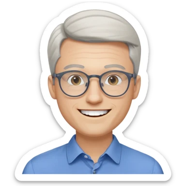30 yr old pale white man, white/grey side swept stylish hair, round glasses, big smile, white teeth, handsome, longer hair, thin glasses, blue dress shirt sticker
