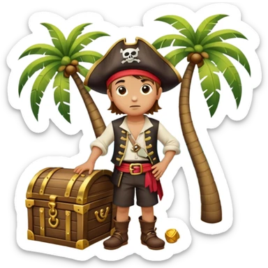 kid pirate with hand on forehead looking for something, one foot on treasure chest, palm trees in background sticker