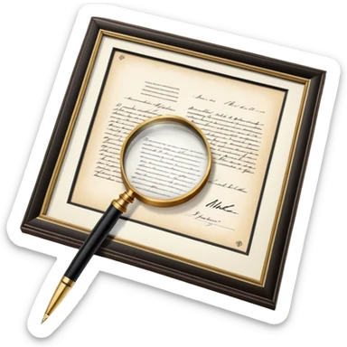 Icon for Autograph Collecting: a signed piece of paper or book page with a famous signature, surrounded by a pen, a magnifying glass, and a collection of framed autographs. Transparent background. sticker