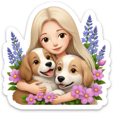 A beautiful girl with long straight hair happily hugs an Alaskan dog in the flowers sticker