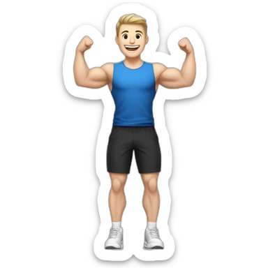Joyful Celebrating victory Pale skinned Fit Man With the biceps and dark brown hair in black shirt, gray sports shorts and white Sneakers sticker