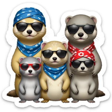 These two animals look like they run the streets — ferret and grey seal, dripped out in shades and bandanas, repping their squad  sticker