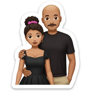 A picture of a tanned couple with the man's arm around her. the man is a Mexican man with tanned skin, a bald hair cut, short beard and wearing a black shirt. the woman is mixed, with curly dark brown hair in a big bun and with big boobs  sticker